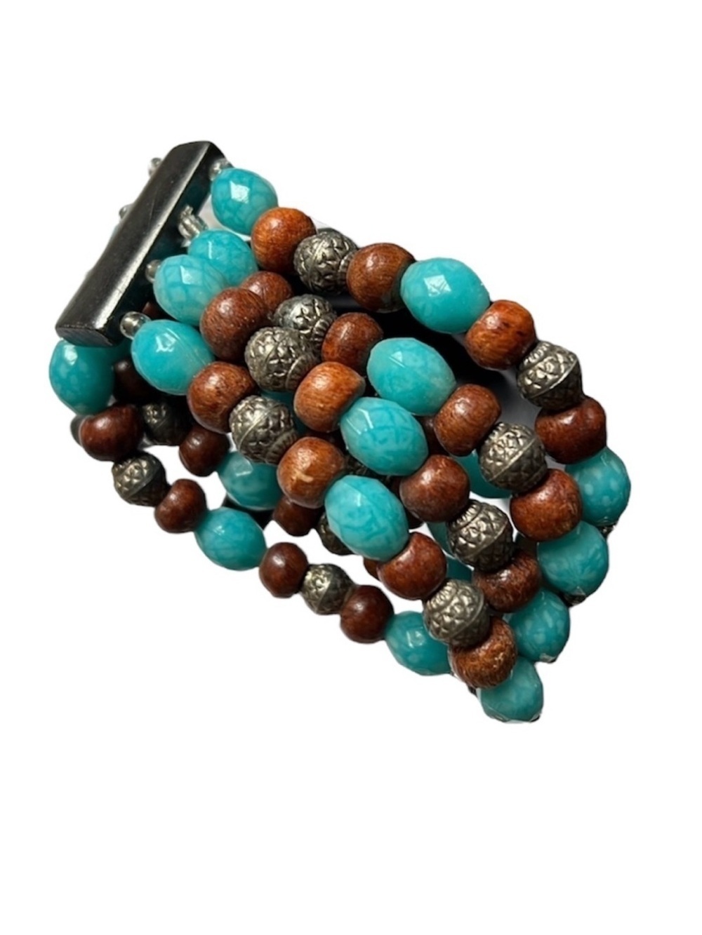 Brown Turquoise Wood Wide Stretch Bracelet Western Boho